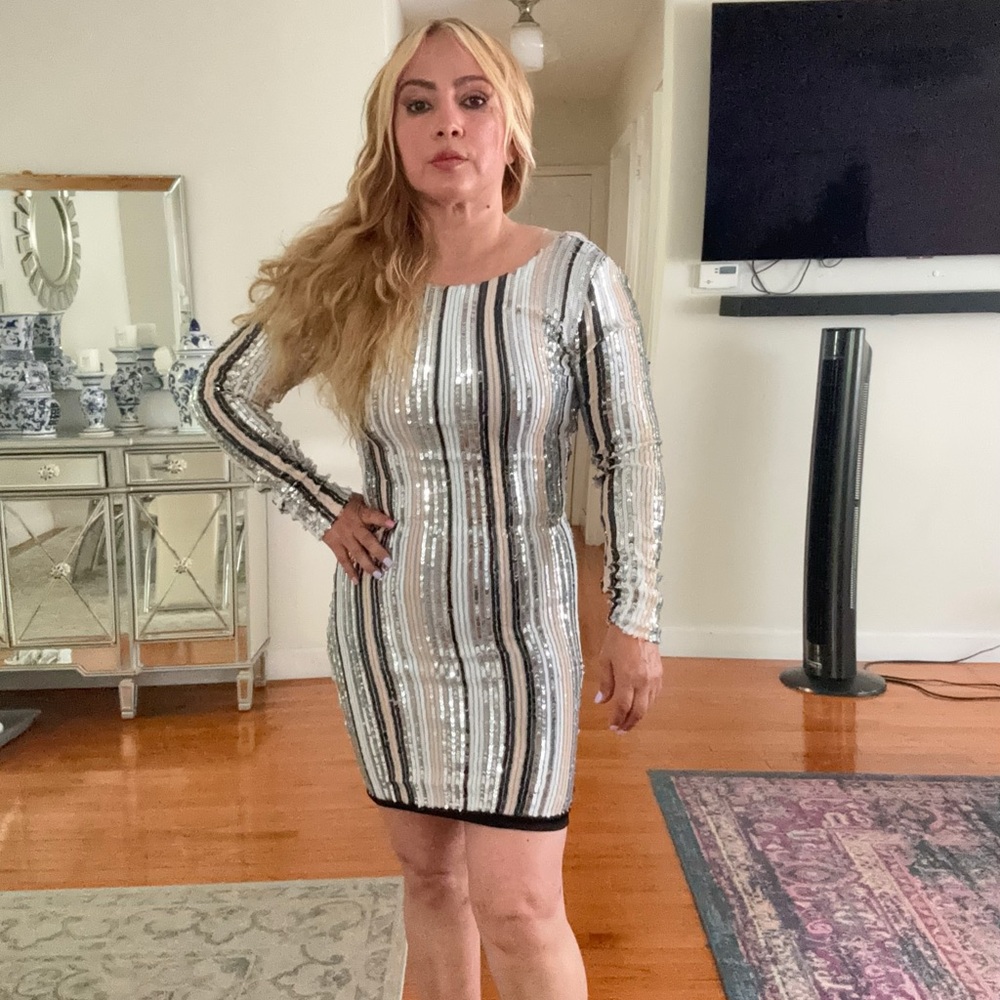 Sequin Striped Dress - Black and Silver